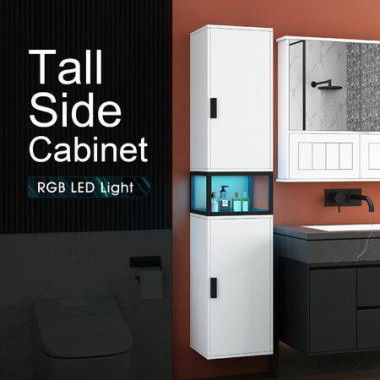 Bathroom Storage Cabinet Shower Medicine Organiser Shelves Display Cupboard Tall Narrow Corner Floor Unit Tallboy Furniture LED Light 2 Doors White