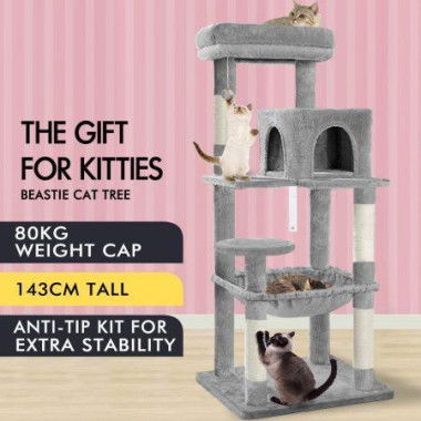 BEASTIE Cat Tree with Hammock Scratching Post Light Grey 143cm