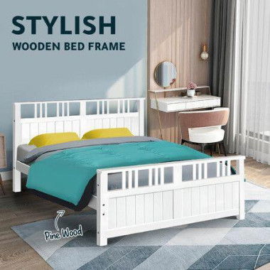 Bed Frame Wooden Mattress Base Double Size Solid Timber Pine Wood White Bedroom Furniture