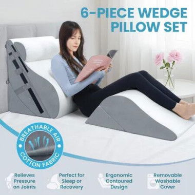 Bed Wedge Pillow Set 6Pcs Neck Head Back Leg Support Bedding Adjustable Triangle Foam Cushion Headrest Reading Sleeping Raiser Elevation Cotton Fabric
