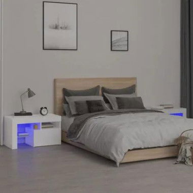 Bedside Cabinets 2 pcs with LED Lights High Gloss White 70x36.5x40 cm