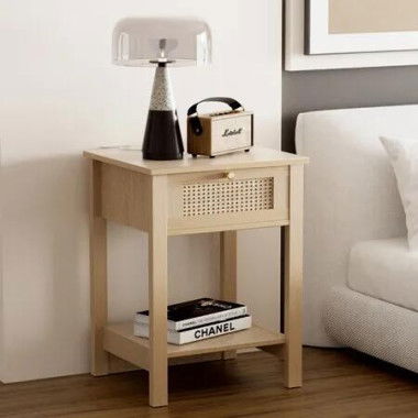 Bedside Table Stand Sofa Bed Side Nightstand Rattan Storage Shelf Rack Cabinet Cafe Coffee Lamp Desk Unit Drawer Bedroom Furniture Decor 45x40x60cm
