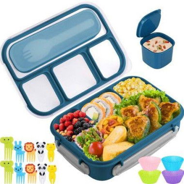 Bento Box For Kids Lunch Box 4 Compartments (with Mini-Containers Fruit Picks Silicone Muffin Cup) Adult Leakproof Bento Lunch Box For School (Blue)