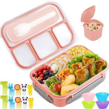 Bento Box For Kids Lunch Box 4 Compartments (with Mini-Containers Fruit Picks Silicone Muffin Cup) Adult Leakproof Bento Lunch Box For School (Pink)