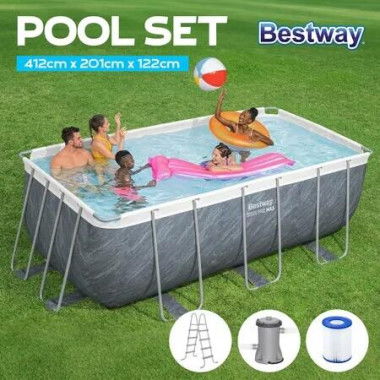 Bestway Above Ground Swimming Pool Set Rectangle 4.12x2.01x1.22m 8124L Steel Pro Max Outdoor Backyard Family Fun Cartridge Filter Pump Removable Ladder