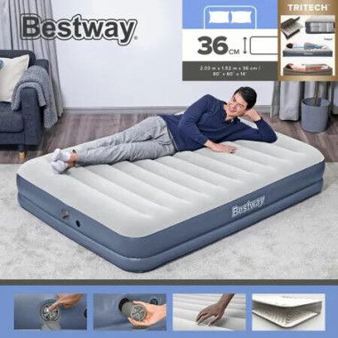 Bestway Air Mattress Queen Size Bed Tritech Airbed Blow Up Inflatable Camping 36cm with Built-in Rechargeable Pump USB Charging Cable