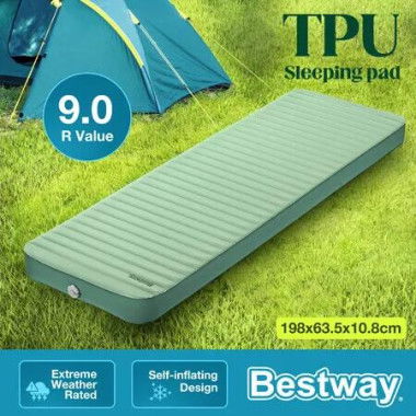 Bestway ComfortTrek Luxe Air Mattress Self Inflating Single Insulated TPU Blowup Camping Sleeping Mat Pad Large Rectangular Floor Bed