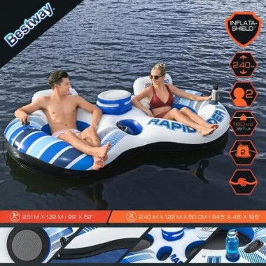 Bestway Floating Island Pool Float Tubes 2 Man River Tube Water Raft Inflatable Watersport Rapid Rider Double Innertube Lake Lounger with Cooler