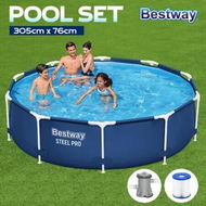 Detailed information about the product Bestway Round Pool Set Above Ground Swimming Pools Steel Pro Outdoor Summer Backyard Family Fun Water Play Center 3.05mx76cm Filter Pump Accessories