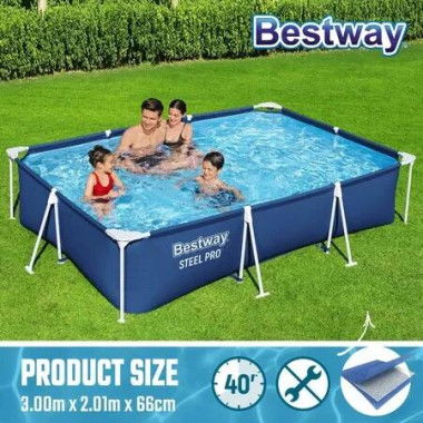 Bestway Swimming Pool Rectangular Above Ground Pools 300x201x66cm Steel Pro Frame Easy Set Up for Outdoor Backyard Family Water Play Fun