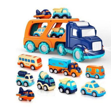 Big Transport Truck with 8 Small Cute Pull Back Trucks, Carrier Truck for 3 4 5 6 7 Years Old Boys and Girls, 34 x 10 x 14 cm