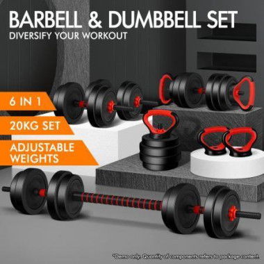 BLACK LORD 20kg Dumbbell Set 7in1 Adjustable Barbell Kettlebell Home Gym Fitness