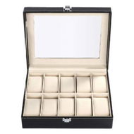 Detailed information about the product Black Pu Leather Watch Display Stand Box Flannelette Grids With Glass Cover-10 Slot