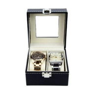 Detailed information about the product Black Pu Leather Watch Display Stand Box Flannelette Grids With Glass Cover-2 Slot