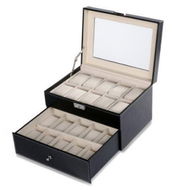 Detailed information about the product Black Pu Leather Watch Display Stand Box Flannelette Grids With Glass Cover-20 Slot