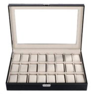 Detailed information about the product Black Pu Leather Watch Display Stand Box Flannelette Grids With Glass Cover-24 Slot