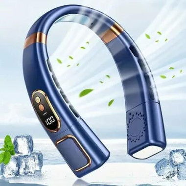 Bladeless Neck Fan Portable Cooling Plate 8000mAh Battery Operated 5 Speeds 3 Light Modes Adjustable Faster Personal Summer Comfort Blue