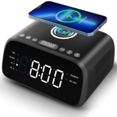 Bluetooth Alarm Clock With Speaker Wireless Charging Dual Clock Radio For Bedrooms Dimmable Led Digital Display