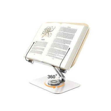 Book Stand for Reading,Adjustable Holder with 360 Degree Rotating Base & Page Clips,Foldable Desktop Ricer for Cookbook,Sheet Music,Laptop,Recipe,Textbook,Hands Free,Wood,Aluminium