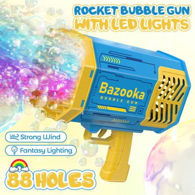 Bubble Gun Rocket Toy Machine Blower Soap Water Maker Launcher Best Gift For Kids Party Birthday LED Light Lithium Blue