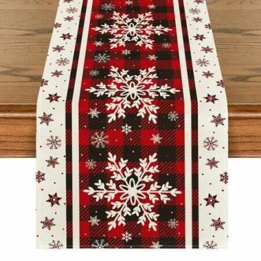 Buffalo Plaid Snowflakes Christmas Table Runner,Seasonal Winter Kitchen Dining Table Decoration 13x36 Inch