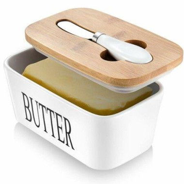 Butter Dish with Lid for Countertop Large Butter Dish Ceramics Butter Keeper Container Silicone Sealing Butter Dishes with Covers Good Kitchen Gift White