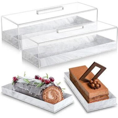 Cake Display Tray,Marble Grain Acrylic Cake Stand with Lid,Rectangular Pastry Display Case for Party,Kitchen,Home,Wedding Color White