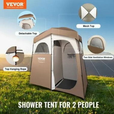 Camping Shower Tent, 83' x 42' x 83' 2 Rooms Oversize Outdoor Portable Shelter, Privacy Tent with Detachable Top, Pockets, Hanging Rope and Clothesline, for Dressing, Changing, Toilet, Bathroom