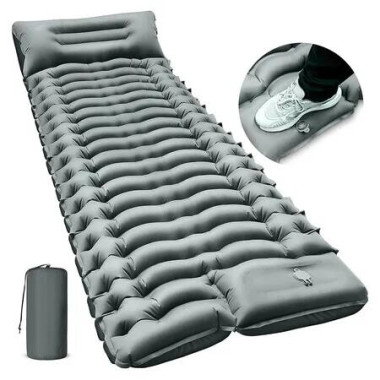 Camping Sleeping Pad, Ultralight Camping Mat with Pillow Built in Foot Pump Inflatable Sleeping Pads Compact for Camping Hiking Traveling, Gray