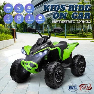 Can-Am Licensed Ride On Car 12V Electric ATV Quad Bike 4 Wheeler 2 Motor Motorised Vehicle Toy with LED MP3 Bluetooth Rechargeable Battery Story Green