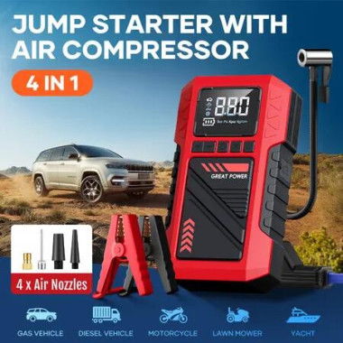 Car Jump Starter Pack 4IN1 12V Auto Tyre Inflator Battery Charger Portable Handheld Power Bank Compact Air Compressor Pump Booster Jumper LED Lights