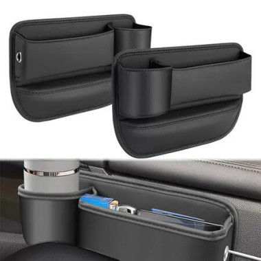 Car Seat Gap Filler Organizer with Cup Holder, 2 Pcs Adjustable Leather Car Side Seat Storage Box, Multifunction Interior Storage Organizer