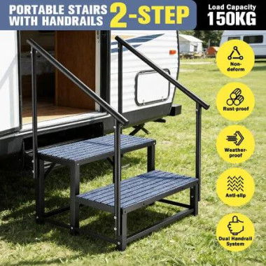 Caravan Steps Stairs Handrail Railings 2 Step RV Camper Mobile Motor Home Trailer Hot Tub 150kg Outdoor Portable Pet Safety Guard Ladder Carbon Steel