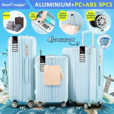 Carry On Luggage Set 3 Piece Traveller Suitcases Hard Shell Case Cabin Checked Bag Lightweight Trolley TSA Lock Cover 6 Packing Cubes Pale Blue