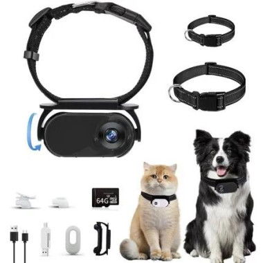 Cat Camera Collar,64GB Upgrade 360 Degree Rotating Dog Collar Camera 1080P HD,Video Records Indoor Outdoor Action DC for Pets-Black