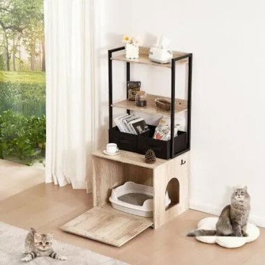 Cat Litter Box Enclosure Litter Box Furniture Hidden 2 Shelves & 2 Baskets