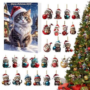 Cat Ornament Christmas Advent, 2D Acrylic Cute Cat Ornaments with 24 Day Countdown Calendar, Holiday Kitten Pendant for Xmas Tree