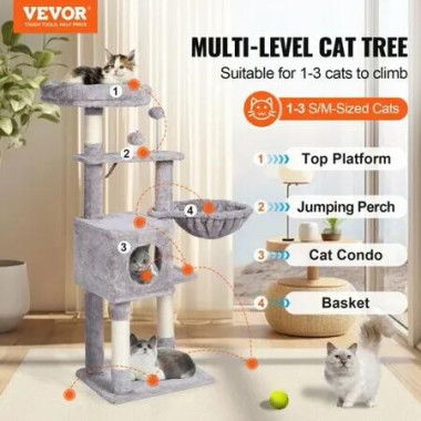 Cat Tree 115 cm Cat Tower with Cat Condo Sisal Scratching Post Light Grey