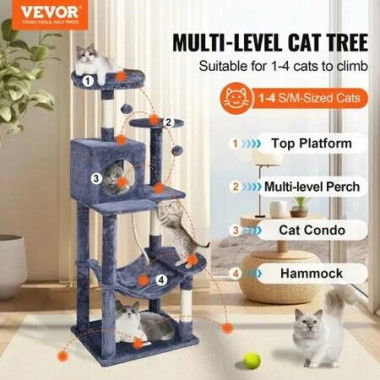 Cat Tree 143 cm Cat Tower with Cat Condo Sisal Scratching Post Dark Grey