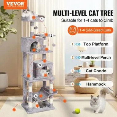 Cat Tree 160 cm Cat Tower with 2 Cat Condos Scratching Post Light Grey