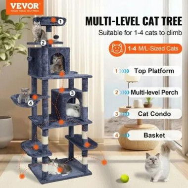 Cat Tree 174 cm Cat Tower with Cat Condos Sisal Scratching Post Dark Grey