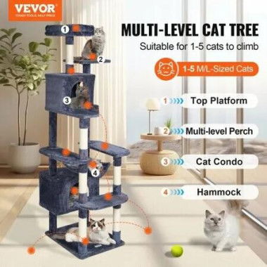 Cat Tree 183cm Cat Tower with 2 Cat Condos Sisal Scratching Post Dark Grey