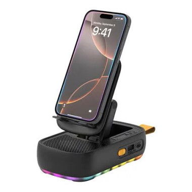 Cell Phone Stand with Bluetooth Speaker and Colorful Ambient Light, Foldable Stand, Support TF Card Wireless Speaker for Desk Compatible with iPhone ipad,Black