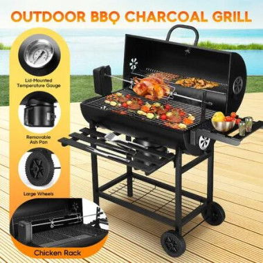 Charcoal BBQ Grill Trolley Barbecue Stand Table Portable Outdoor Camping Cooking Smoker Rolling Cart with Chicken Rack Storage Shelves