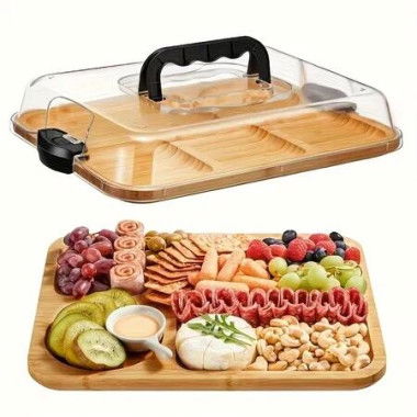 Cheese Tray with Clear Acrylic Lid Portable Cut Board for Camping,Party,Restaurant Suitable for Cutting Board,Party Snack Organizer,With Snap-On Lid