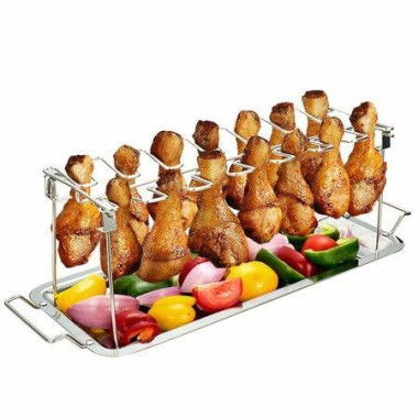 Chicken Leg Wing Rack 14 Slots Stainless Steel Metal Roaster Stand With Drip Tray For Smoker Grill Or Oven Dishwasher Safe Non-Stick Great For BBQ Picnic