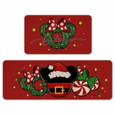 Christmas Believe Santa Red Kitchen Rugs Set of 2,Xmas Wreath Peppermint Candy Kitchen Mats Decor,Holiday Floor Door Mat Home Decorations