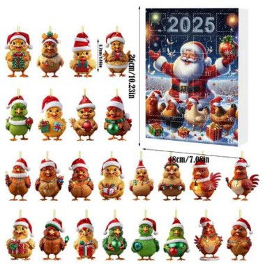 Christmas Calendar Countdown, 2D Acrylic Chicken Pendant with 24 Compartments, Fun Chicken Ornament for Xmas Tree, Home and Party Decoration