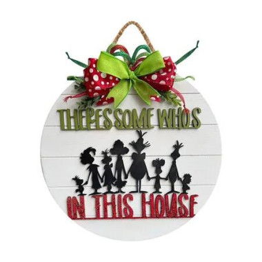Christmas Door Sign Grinch Wreath Decor Merry Xmas Wooden Hanger Bow Indoor Party Wall Hanging Ornament Festive Home