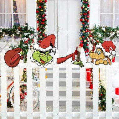 Christmas Fence Peeker Yard Garden Signs,Christmas Fence Peekers Ornaments with Thief Arm Bag and Dog for Holiday